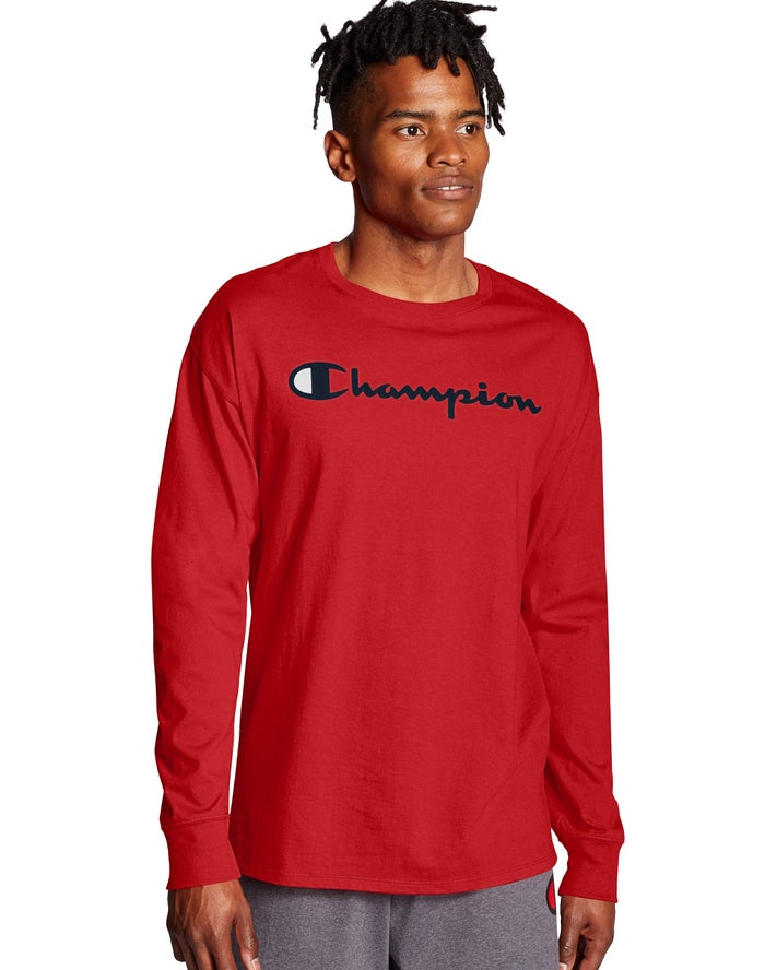 Champion Classic Long-Sleeve Script Logo - Miesten Punainen T-Paita - Suomi 5637091-SY